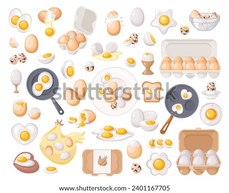 A set of chicken and quail eggs. A large collection of raw and boiled chicken eggs in various shapes. Whole and broken, fried eggs, eggs in cardboard boxes. Vector illustration