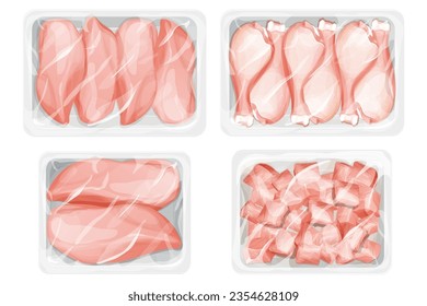 Set Chicken raw filet, broiler meat, chicken leg in plastic tray, package with poultry in cartoon style isolated on white background. Broiler meat covered 