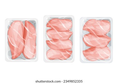 Set Chicken raw filet in plastic tray, package with poultry in cartoon style isolated on white background. Broiler meat covered 