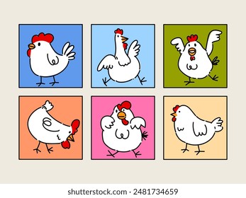 Set of chicken, rooster, hen, cartoon poultry farm animal collection hand drawn vector illustration. Ouline vintage style. Livestock pet domestic animal.