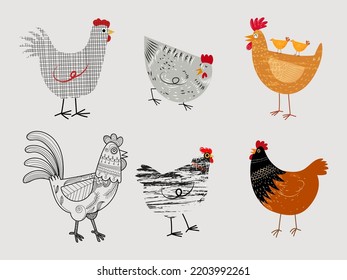 Conjunto de ilustraciones vectoriales de pollo, gallo, gallina, caracter de ícono.