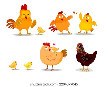 Set of chicken, rooster, hen, icon character poultry farm animal vector illustration.