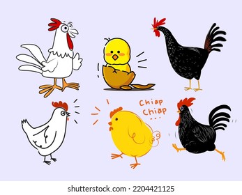 Juego de gallinas, gallos, gallinas, criaderos de aves de corral icono de la figura del vector.