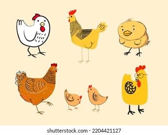 Set of chicken, rooster, hen, poultry farm animal icon character vector illustration.