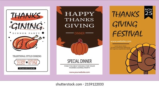 Set of chicken signs with delicious grilled meat. Set of Dinner Party Invitation Brochures, Poster or Banner in vintage style. Set of Happy thanks giving party Greeting Card with different Background.