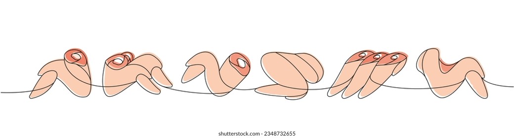 Set of chicken wings one line colored continuous drawing. Raw chicken meat parts continuous one line illustration. Vector linear illustration.