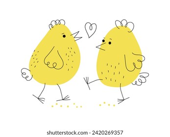 Set chickens. Cartoon funny chicks. Hand drawn linear icons, valentines day, Easter design. Animals, doodle style. Domestic bird. Vector illustration, isolated objects.