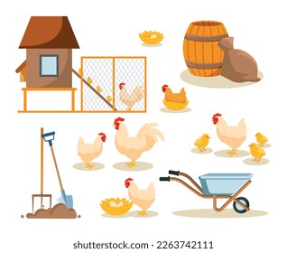 Set of chickens. Collection of farm animals. Agriculture and village, ranch. Nest and house, barn. Mother with baby, chick and eggs. Cartoon flat vector illustrations isolated on white background