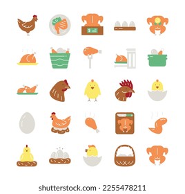 Set of chickens color icon. Collection of graphic elements for site. Chicken mint, natural and organic products. Farming and agriculture. Cartoon flat vector illustrations isolated on white background