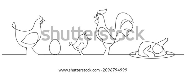 Set of\
chickens - continuous line drawing. Rooster, hen, chicken grill and\
egg one line drowing. Vector\
illustration.