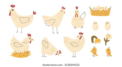 Conjunto de pollos con huevos y flores. Vector dibujado a mano Elementos de granja. Gallinas y corral. Ilustración de colección de aves domésticas aisladas sobre fondo blanco.