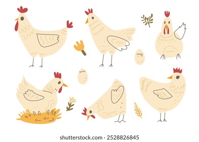 Set of chickens with eggs and flowers. Vector hand drawn collection illustration isolated on white background.