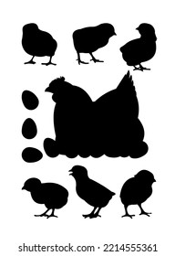 Set of Chickens grazing. Scenery silhouette. Agricultural farm bird. Mother hen incubates eggs. Object isolated on white background. Vector.