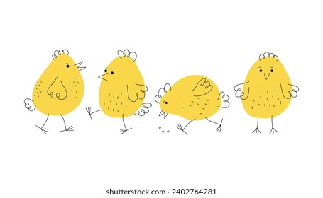 Hühnerset. Handgezeichnete lineare Symbole. Osterdesign. Cartoon lustiges Küken. Tiere, Doodle-Stil. Hausvogel. Vektorgrafik, einzelne Objekte.