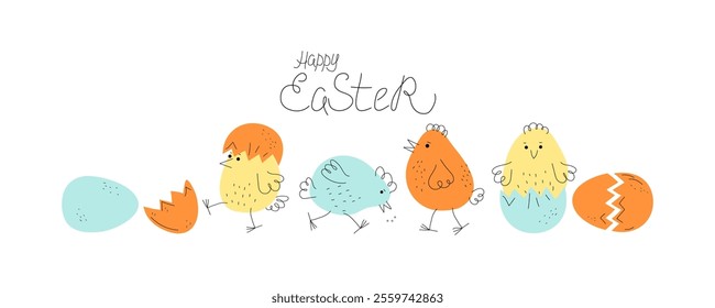 Set of chickens, painted eggs. Cartoon colorful chickens, animals, poultry. Hand drawn linear doodle icons. Easter design, hand lettering. Vector illustration, isolated background.