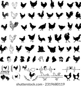 Set of chickens silhouettes, chicken vector