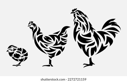 set of chickens in tribal tattoo style. chickens of different sizes, different breeds. chick, hen, rooster. side view. animal, pet, farm, ornament, decor concept. flat vector illustration.