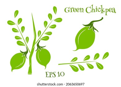 A set of chickpeas. Fresh chickpeas on a twig with leaves. In a cartoon style. Vector illustration for design and decoration.
