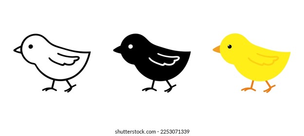 Set of chicks: silhouette, contour, color picture. Black and white, doodle, multicolored bird. Walking chicken.  Isolated elements on a white background. Vector illustration. 