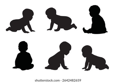 Conjunto de Crianças e bebês Silhuetas Ilustração isolada no fundo branco. Bebê recém-nascido 0-1 ano. Ilustração vetorial. EPS 10