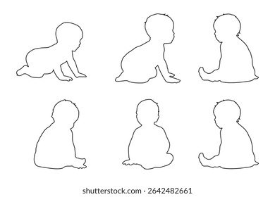 Conjunto de Crianças e bebês Silhuetas Ilustração isolada no fundo branco. Bebê recém-nascido 0-1 ano. Ilustração vetorial. EPS 10