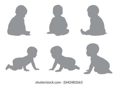 Conjunto de Crianças e bebês Silhuetas Ilustração isolada no fundo branco. Bebê recém-nascido 0-1 ano. Ilustração vetorial. EPS 10
