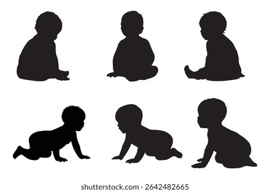 Conjunto de Crianças e bebês Silhuetas Ilustração isolada no fundo branco. Bebê recém-nascido 0-1 ano. Ilustração vetorial. EPS 10