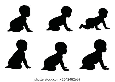 Conjunto de Crianças e bebês Silhuetas Ilustração isolada no fundo branco. Bebê recém-nascido 0-1 ano. Ilustração vetorial. EPS 10