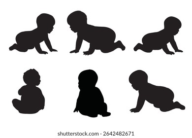 Conjunto de Crianças e bebês Silhuetas Ilustração isolada no fundo branco. Bebê recém-nascido 0-1 ano. Ilustração vetorial. EPS 10
