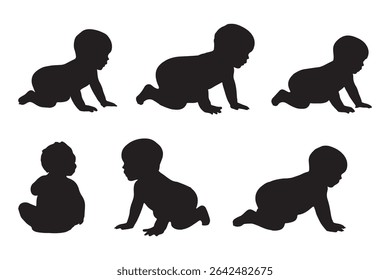 Conjunto de Crianças e bebês Silhuetas Ilustração isolada no fundo branco. Bebê recém-nascido 0-1 ano. Ilustração vetorial. EPS 10