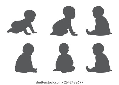 Conjunto de Crianças e bebês Silhuetas Ilustração isolada no fundo branco. Bebê recém-nascido 0-1 ano. Ilustração vetorial. EPS 10