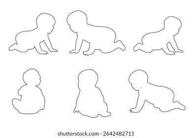 Conjunto de Crianças e bebês Silhuetas Ilustração isolada no fundo branco. Bebê recém-nascido 0-1 ano. Ilustração vetorial. EPS 10