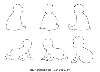 Conjunto de Crianças e bebês Silhuetas Ilustração isolada no fundo branco. Bebê recém-nascido 0-1 ano. Ilustração vetorial. EPS 10