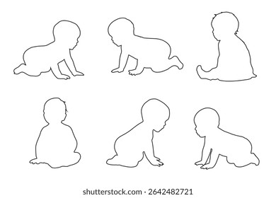 Conjunto de Crianças e bebês Silhuetas Ilustração isolada no fundo branco. Bebê recém-nascido 0-1 ano. Ilustração vetorial. EPS 10