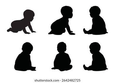 Conjunto de Crianças e bebês Silhuetas Ilustração isolada no fundo branco. Bebê recém-nascido 0-1 ano. Ilustração vetorial. EPS 10