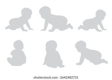 Conjunto de Crianças e bebês Silhuetas Ilustração isolada no fundo branco. Bebê recém-nascido 0-1 ano. Ilustração vetorial. EPS 10