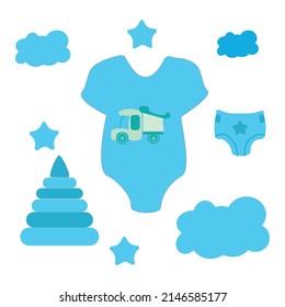 Set for a child. Bodysuit, diaper, pyramid. Vector illustration isolated on white background.