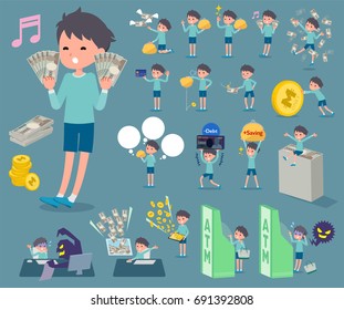 A set child boy with concerning money and economy.
There are also actions on success and failure.
It's vector art so it's easy to edit.