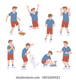 Set of child boy various emotions and behavior, flat vector illustration isolated on white background. Bundle of boy performing bad and good behavior.