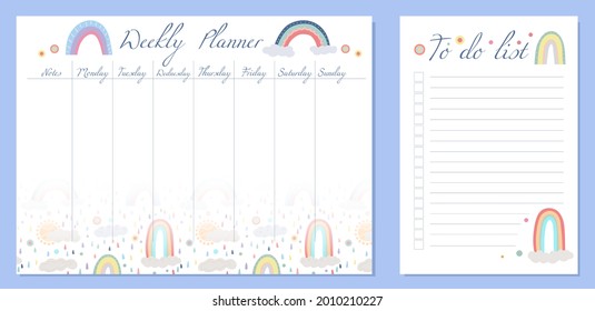 Conjunto de plantillas de organización de días infantiles con arco iris, nubes y puntos. Planificador semanal y lista de tareas. Establecer tareas para el día y la semana