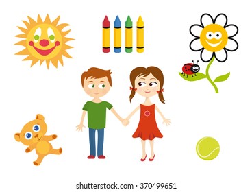 Set of child elements. Playing children Cartoon vector set. Series of children's icons. Cute illustration of children. Vector children world. Set of vector icons kids. Cartoon character children