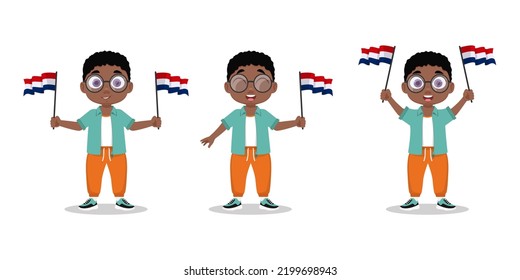 Set of child with the flag of the Netherlands in his hand. Boy with a flag. Vector illustration