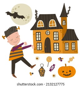 Set with child in Halloween costume, crooked house, bat, moon, candies and lollipops. Halloween autumn vector illustration by cute little boy.