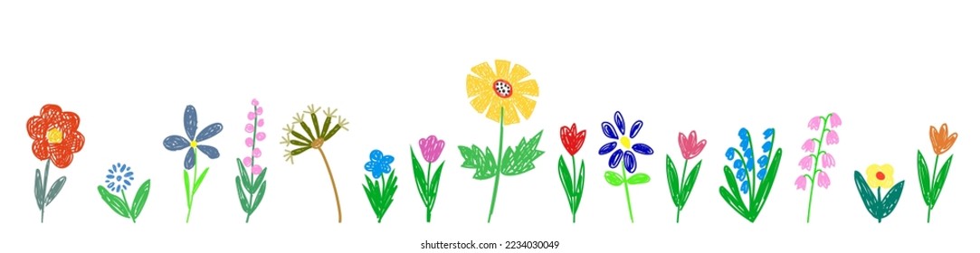 Set Child hand drawn drawing. Field, meadow, garden, different colorful flowers, grass. Drawing in a childish doodle style.