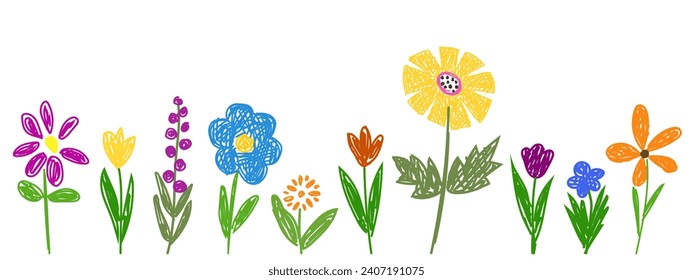 Set Child hand drawn drawing. Field, meadow, garden, different colorful flowers, grass. Drawing in a childish doodle style.