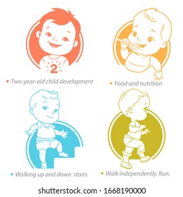 Set of child health and development icons. Toddler growth and milestones in second year. Cute toddler boy or girl of 12-24 months eat, walk up stairs, run. Vector color illustration. 