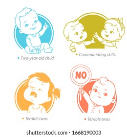 Set of child health and development icons. Toddler growth and milestones in second year. Cute toddler boy and girl talk, play, cry, say no. Terrible twos crisis. Vector color illustration. 