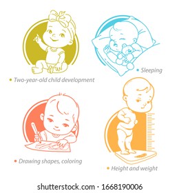 Set of child health and development icons. Toddler growth and milestones in second year. Cute toddler boy or girl of 12-24 months sleep, draw. Height and weight per age.  Vector color illustration. 