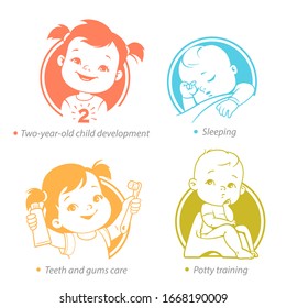 Conjunto de iconos de salud y desarrollo infantiles. Crecimiento de los niños pequeños e hitos en el segundo año. Niño o niña de 12 a 24 meses durmiendo, cepillo de dientes, sentada en la caca. Ilustración de color del vector. 