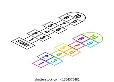 Set of child hopscotch game templates. Vector stock illustration.